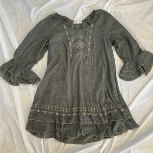 ❤️463 Indigo Soul Boho Embroidered Dress Charcoal Gray Ruffle Sleeve Flowy M